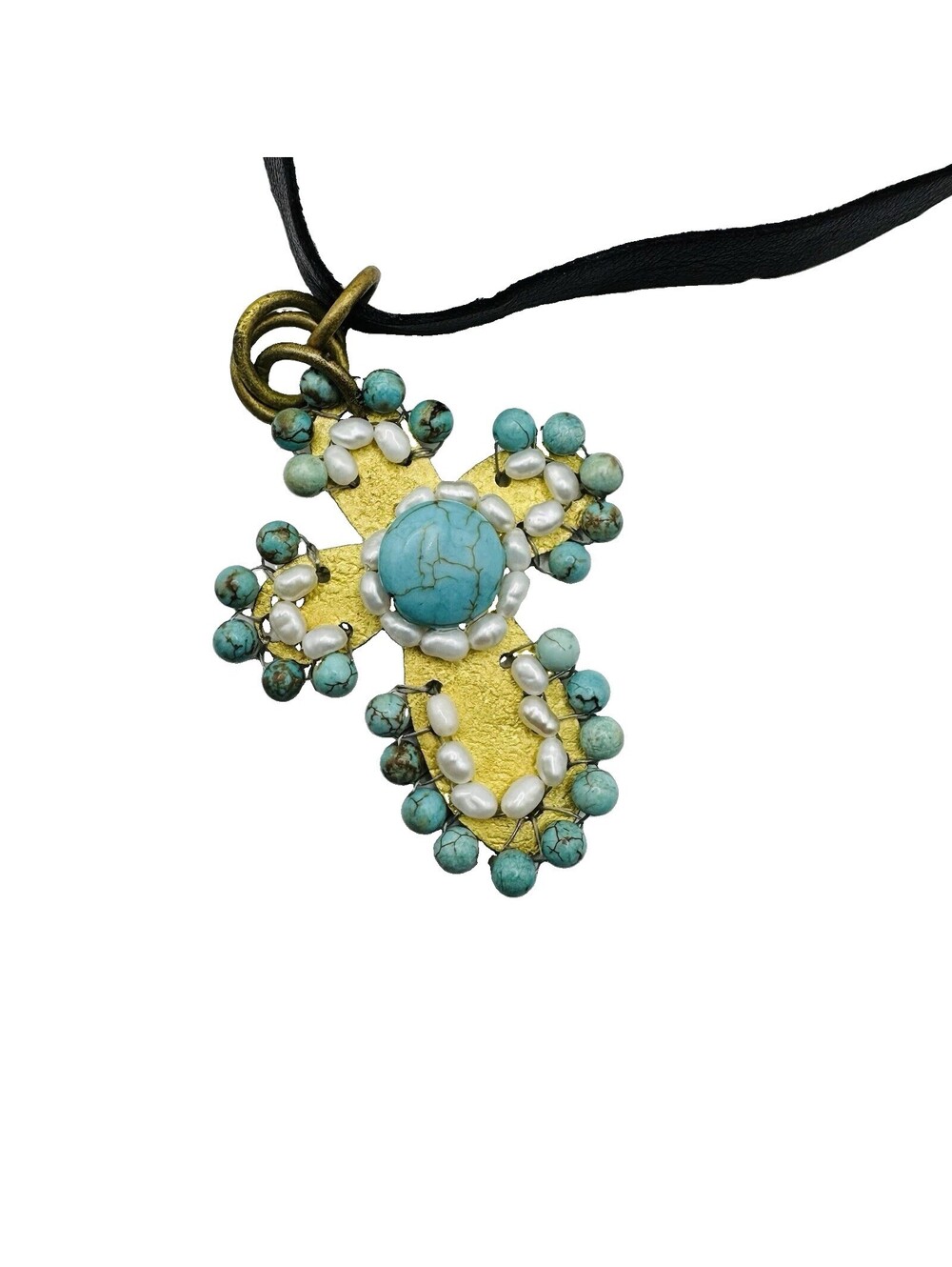 Artisan Cross Necklace Turquoise Pearl Gold Tone Boho Southwestern 16 in